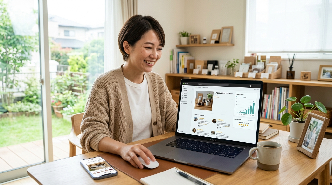 ECショップオーナーがレビューを活用して商品ページやSNSを最適化している様子
