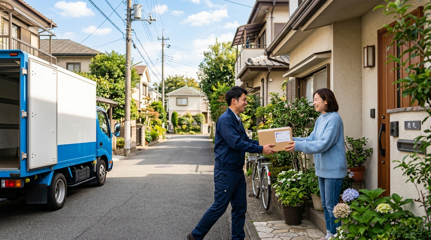 迅速な翌日配送で荷物を届ける配達員