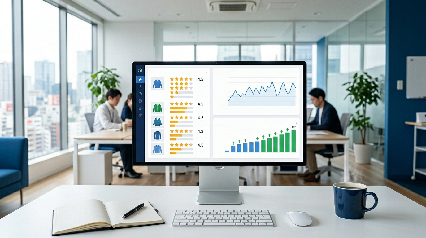 ECサイトの分析ダッシュボードでレビュー評価と売上データを確認する様子