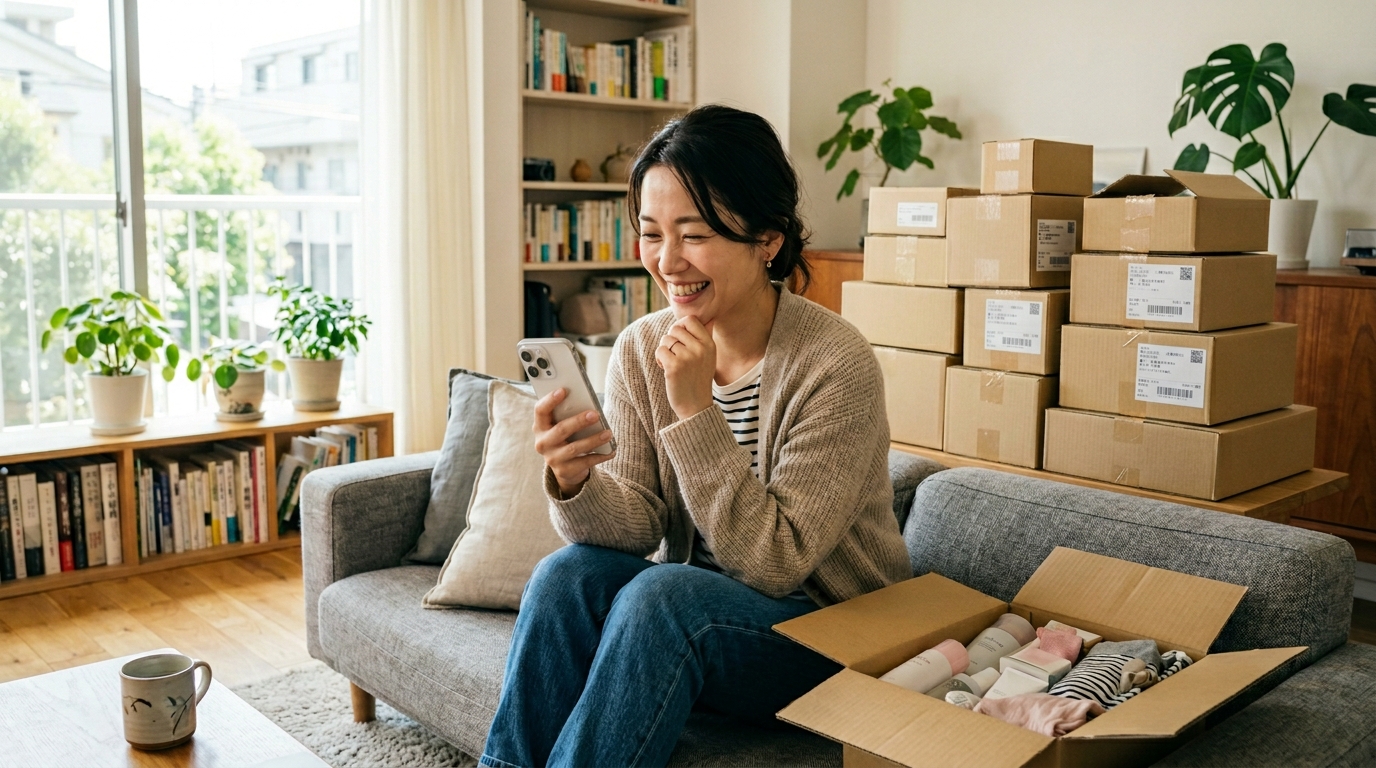 楽天市場でリピーターがスマホでオンラインショッピングを楽しむ様子