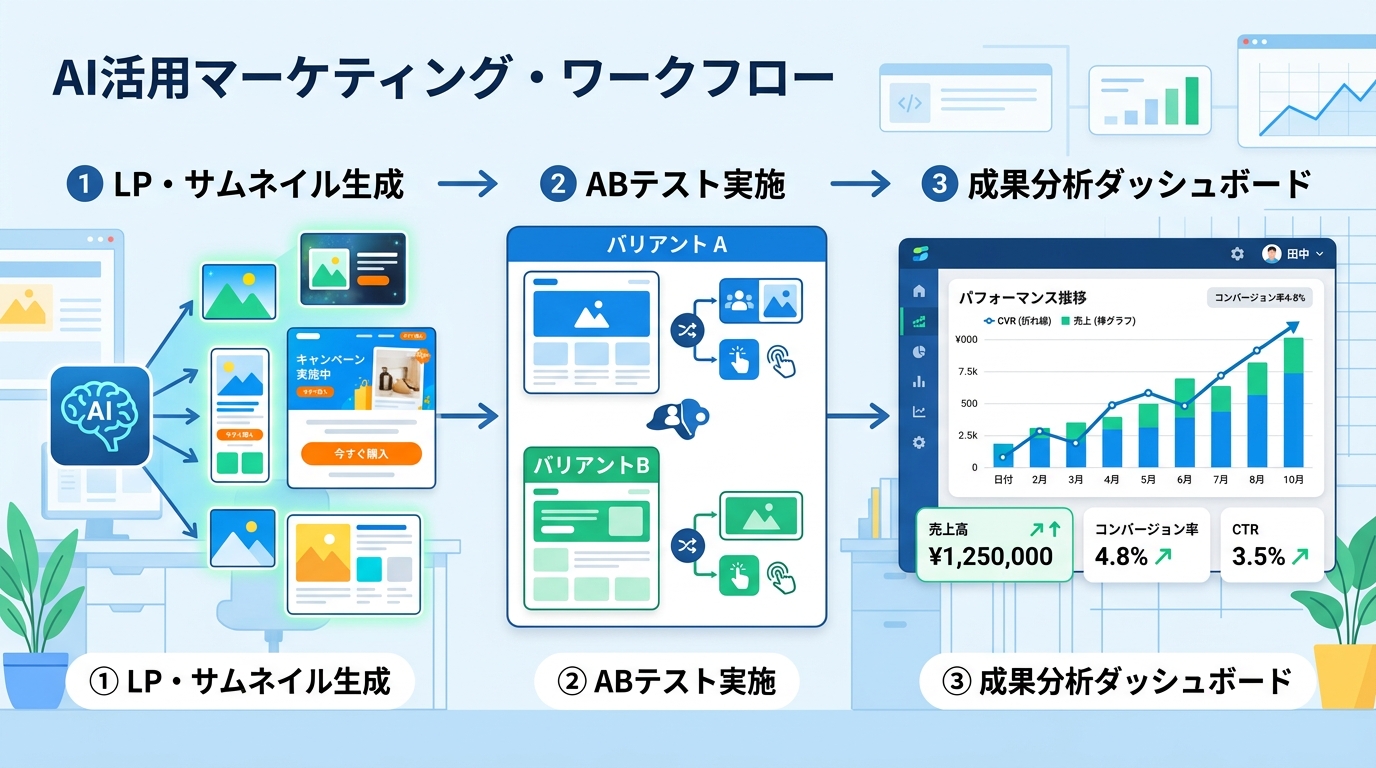 AIでLP生成→ABテスト→CTR/CVRダッシュボードの3ステップワークフロー図