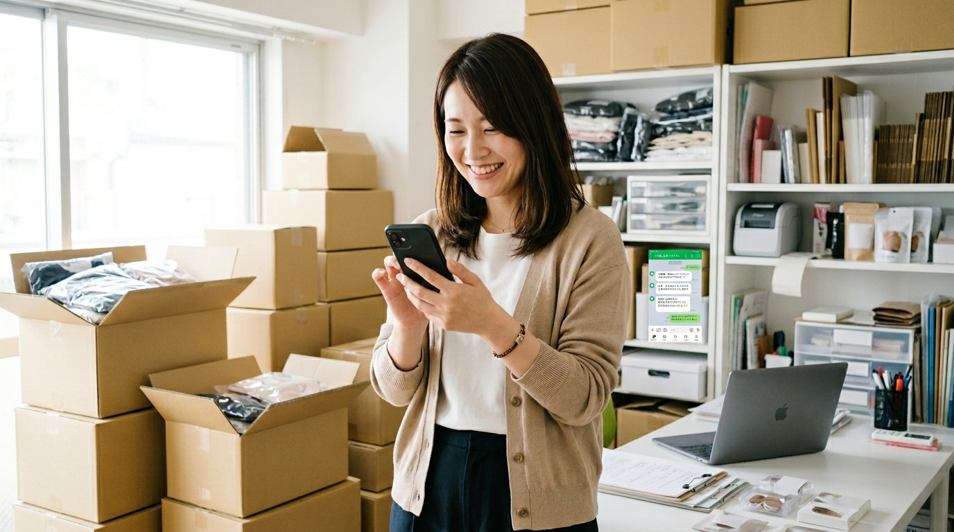楽天市場のショップオーナーがLINE公式アカウントをスマートフォンで操作している様子