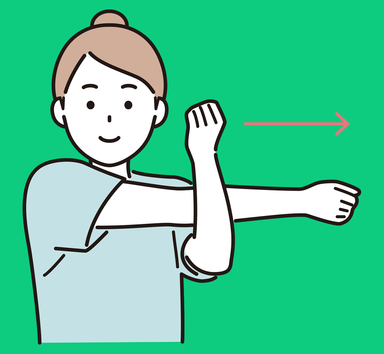 左腕を胸の前へ伸ばす  右腕で左腕の肘を軽く押さえて10秒キープ  左右の腕を変えて同じことを行う