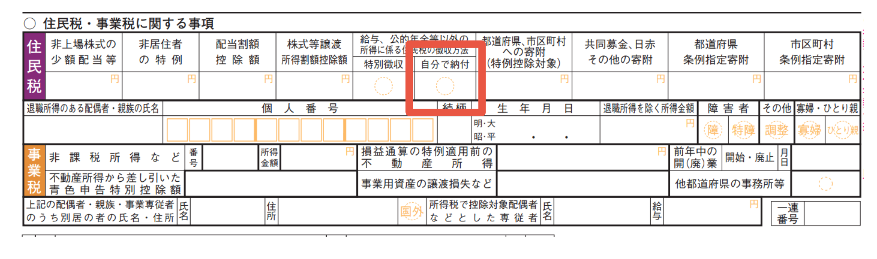 確定申告書第2表の「給与、公的年金等以外の所得に係る住民税の徴収方法」欄の「自分で納付」