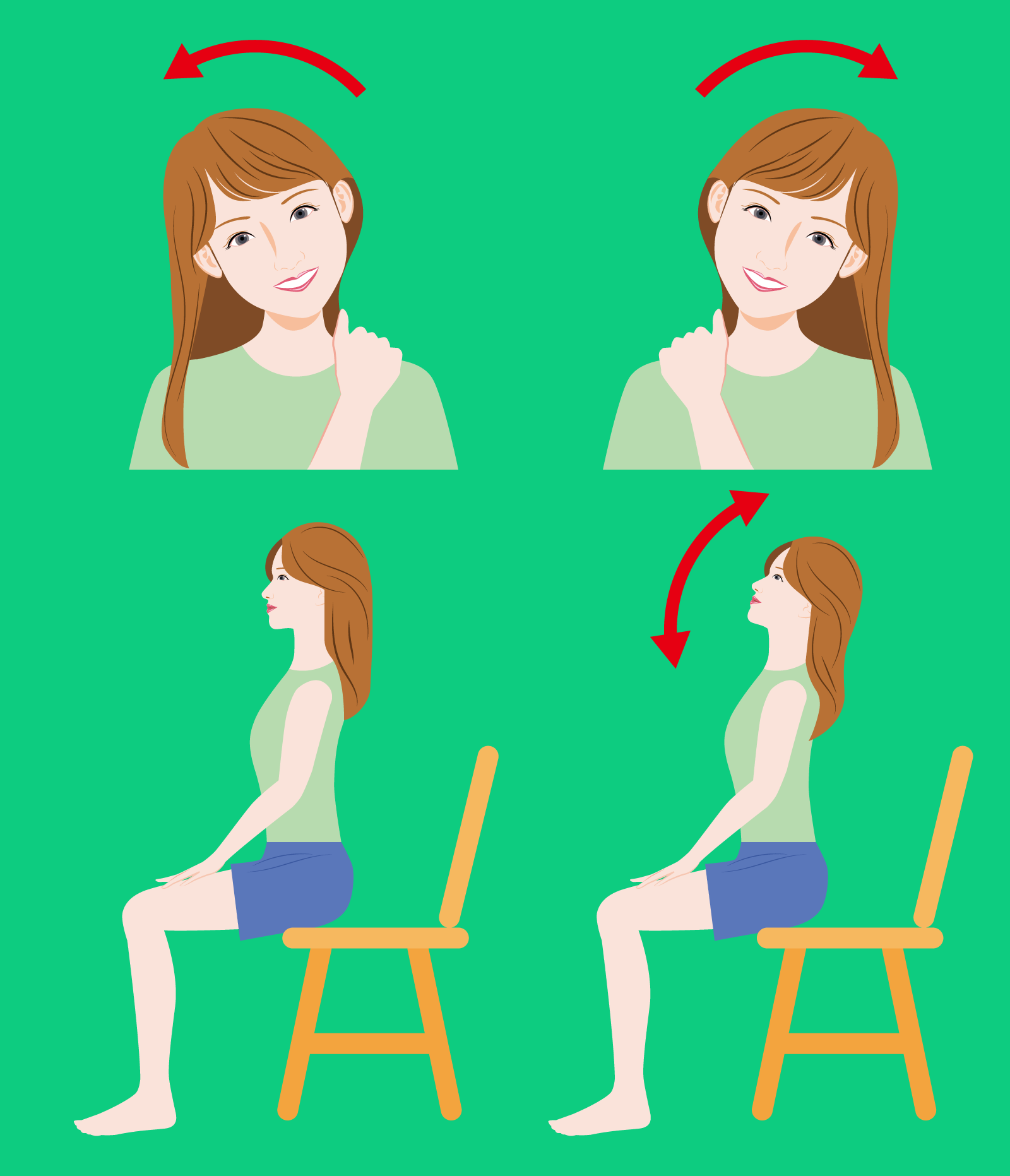 背筋を伸ばしてイスに座る  ゆっくりと左右、前後に首を傾ける