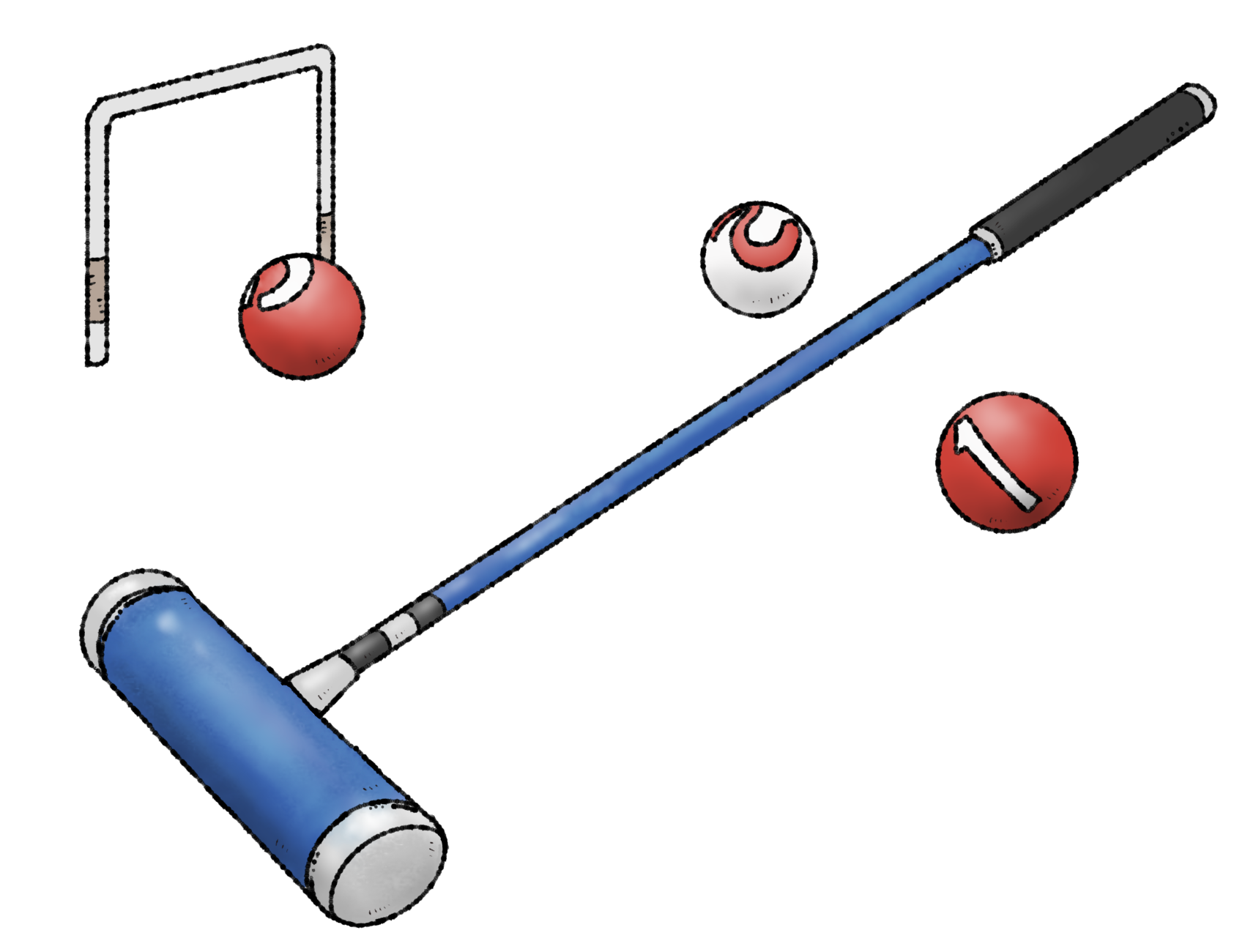 ゲートボールで使う、ゲート、ボール、スティックなどのゲートボール用品