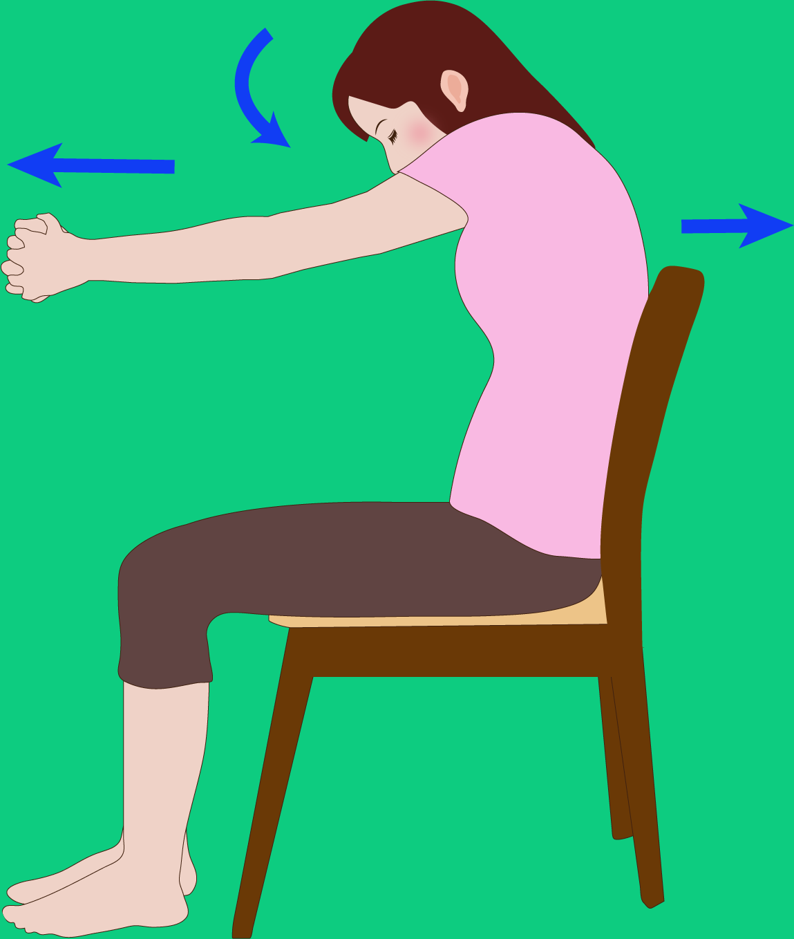 背筋を伸ばしてイスに座る  胸の前で両手を組む  背中を丸めて、組んだ手を前へ伸ばす  ゆっくりと2の姿勢に戻す