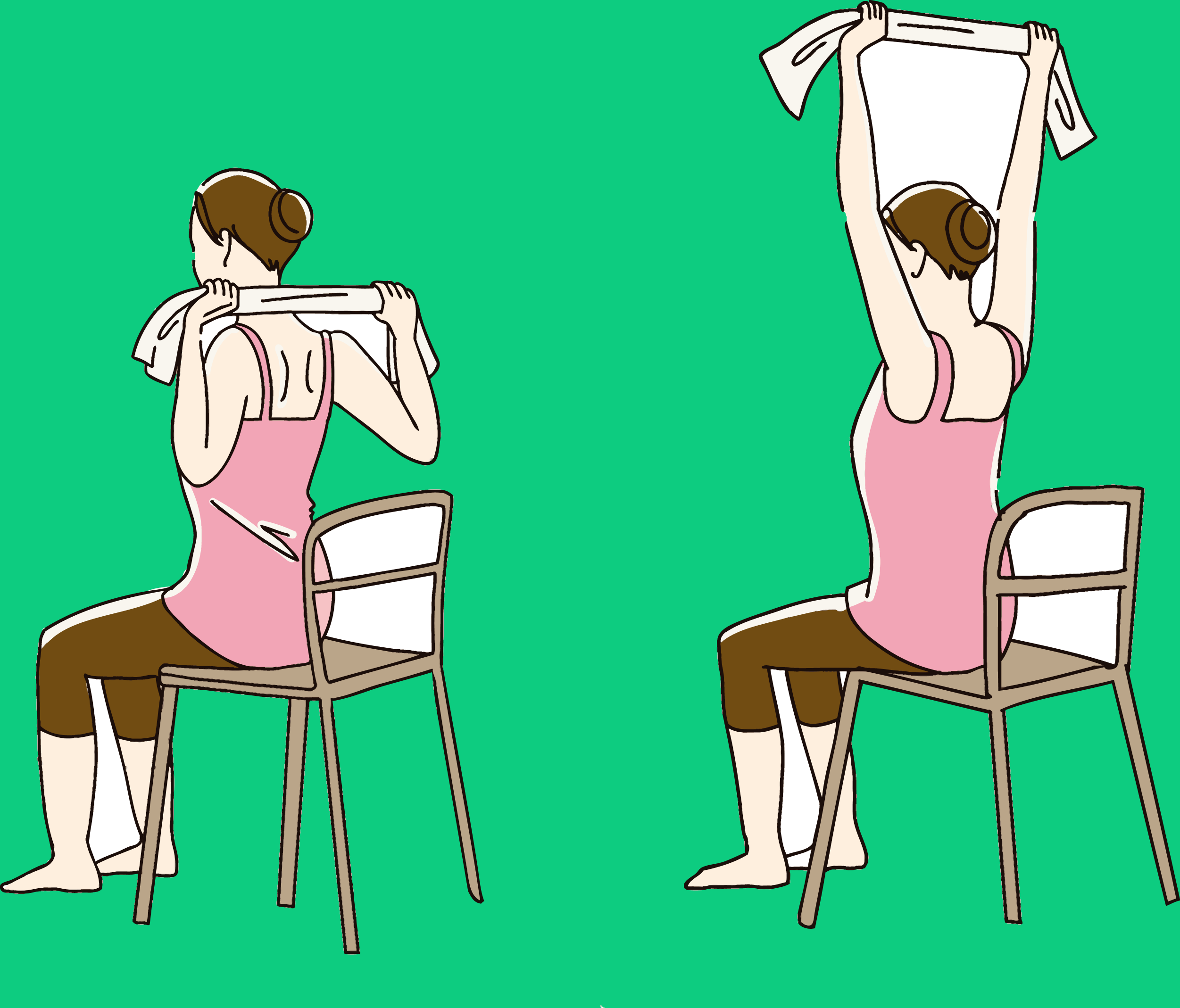イスに座り両腕を真っ直ぐに上げる  肩甲骨を寄せるように肘を引く  ゆっくりと1の姿勢に戻す