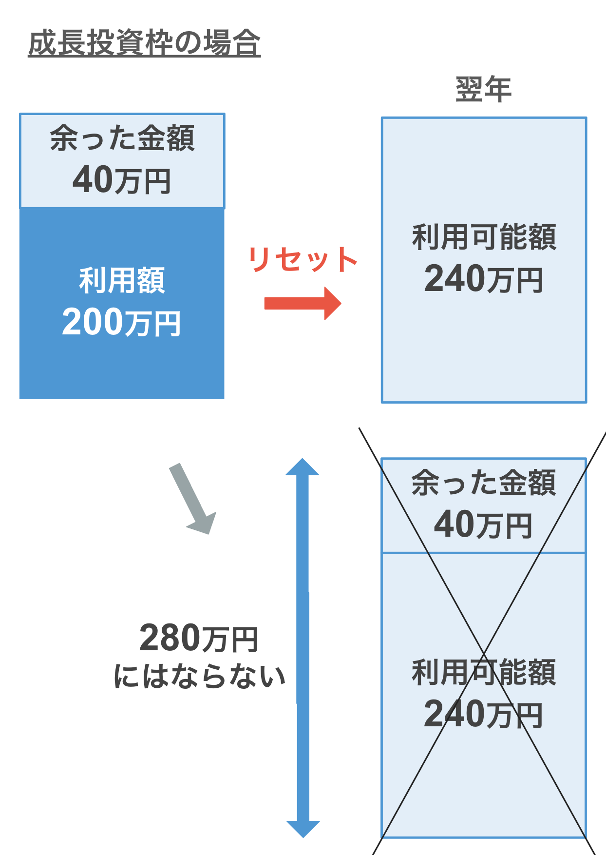 年間投資上限の240万円のうち200万円しか使わなかった場合でも、残りの40万円を翌年に繰り越すことはできない