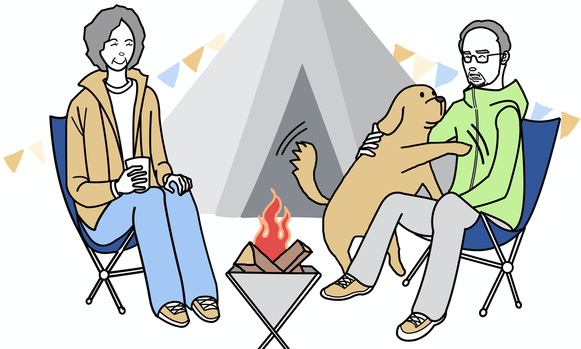 ペットOKのキャンプ場で愛犬と一緒に焚き火を楽しむ老夫婦