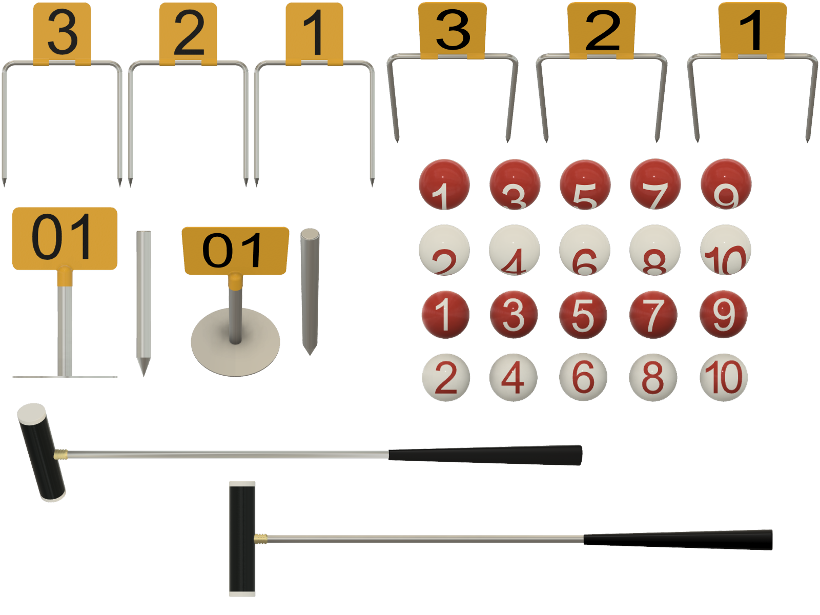 ゲートボールで使用する1〜3ゲート、ゴールポール、1〜10までの番号がふられた紅白のボール、スティックなどの道具
