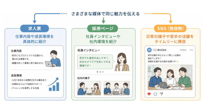 求人票、採用ページ、SNSなどで自社の同じ魅力を伝える例を表したイラスト