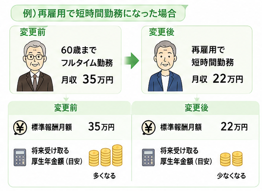 短時間勤務になった場合、月収が下がり、標準報酬月額も下がるため、厚生年金も少なくなる