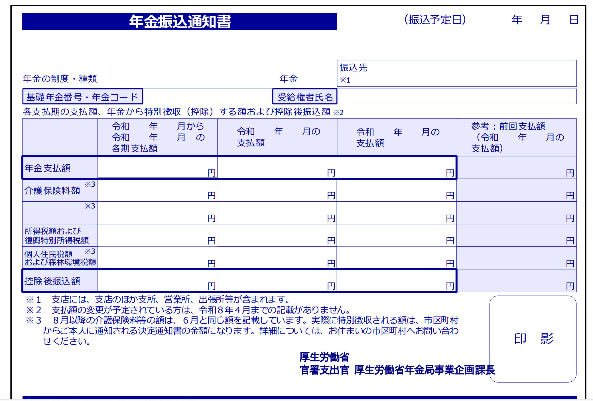 年金振込通知書の見本