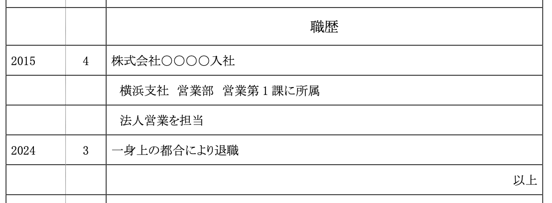 2015年4月　株式会社〇〇〇〇入社  　　　　　　　横浜支社　営業部　営業第1課に所属  　　　　　　　法人営業を担当  2024年3月　一身上の都合により退職