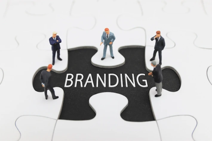パズルのピースの中に書かれた「BRANDING」の文字を見る会社員