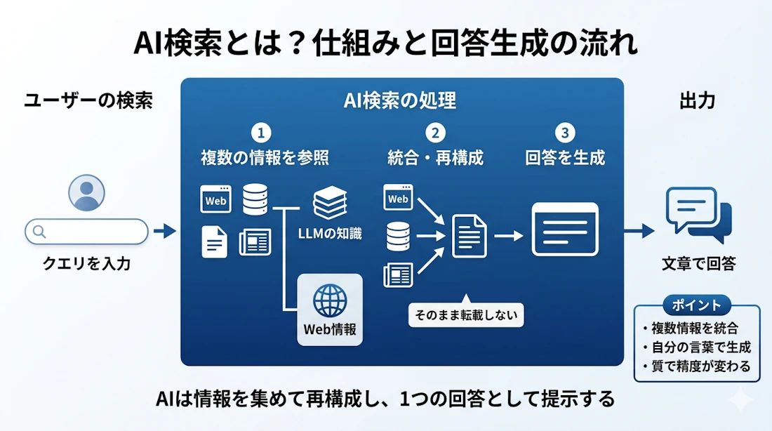 AI検索の仕組みと回答生成の流れを示した図