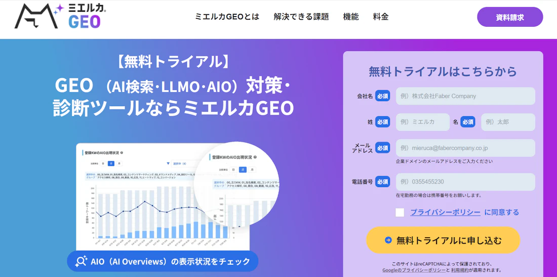 ミエルカGEOのサービス画面