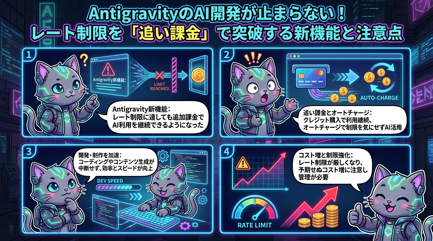 AntigravityのAI開発が止まらない！レート制限を「追い課金」で突破する新機能と注意点