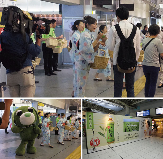 社員総出で「お～いお茶」配布 品川駅では3万本サンプリング