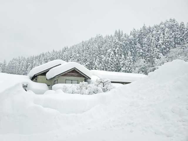 空き家の屋根や玄関前で除雪作業を行う様子の画像