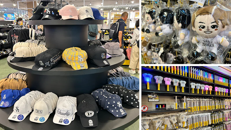 （左）キャップ各種（右上）選手ミニぬいぐるみ 各2,800円（右下）ペンライト各種