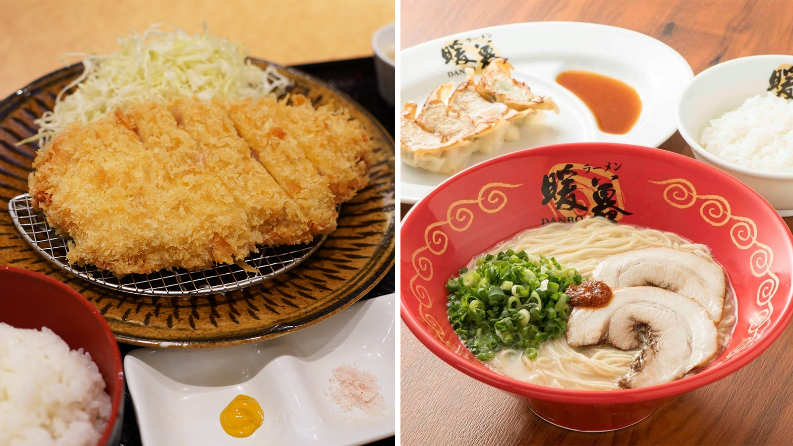(左)とんかつ わか葉『国産銘柄豚ロース ロースカツ定食』(右)ラーメン酒場暖暮『豚骨ラーメン』