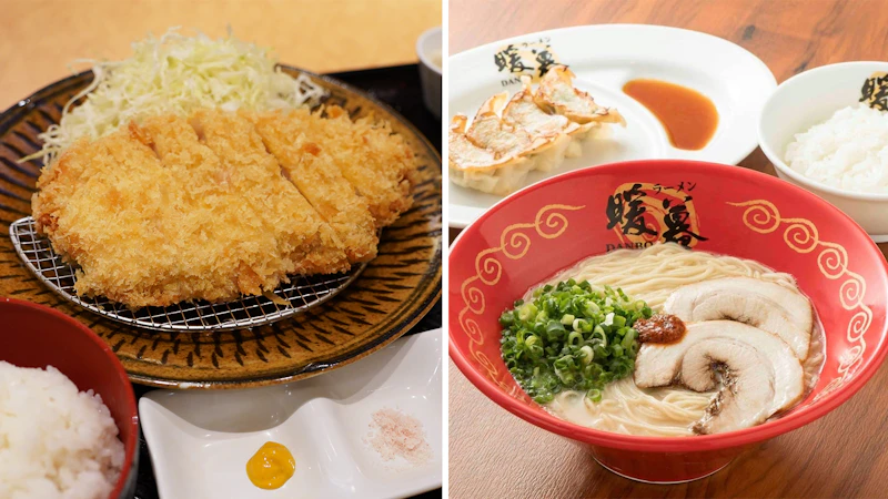 （左）とんかつ わか葉『国産銘柄豚ロース ロースカツ定食』（右）ラーメン酒場暖暮『豚骨ラーメン』