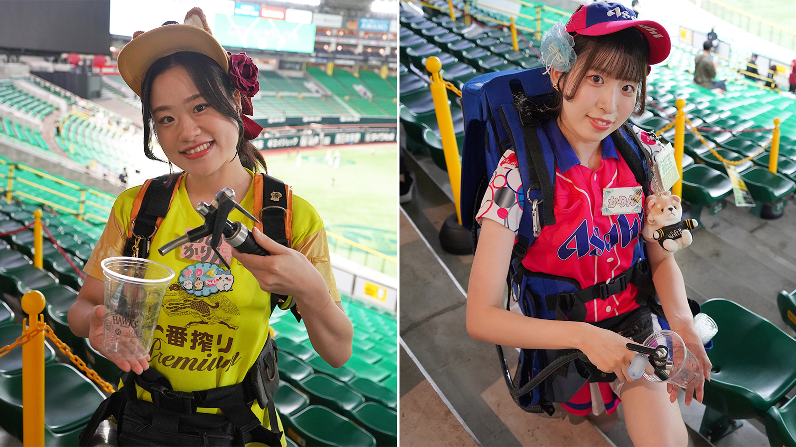 みずほPayPayドーム福岡で売り子として働く「おのかりん」さん(左)と「かりん」さん(右)
