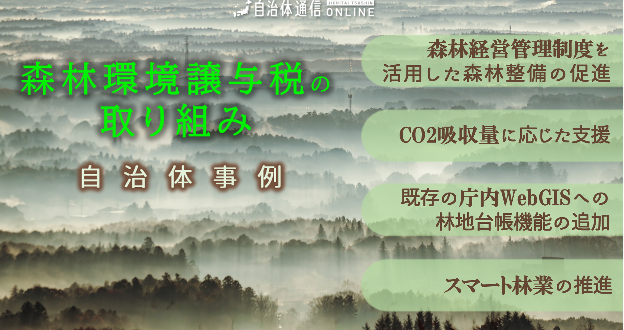 森林環境譲与税の取り組み 自治体事例｜森林経営管理制度を活用した森林整備の促進、CO2吸収量に応じた支援、既存の庁内WebGISへの林地台帳機能の追加、スマート林業の推進