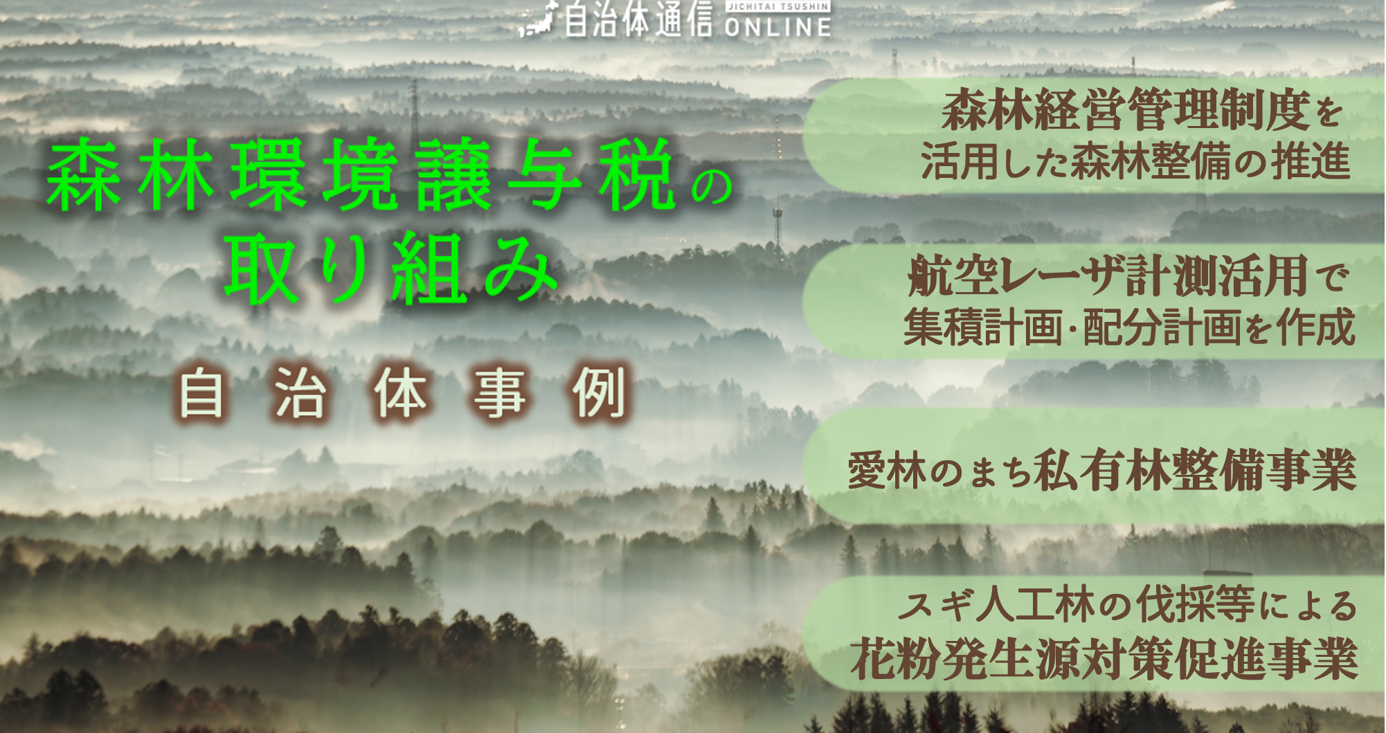 森林環境譲与税の取り組み 自治体事例｜森林経営管理制度を活用した森林整備の推進、航空レーザ計測活用で集積計画・配分計画を作成、愛林のまち私有林整備事業、スギ人工林の伐採等による花粉発生源対策促進事業