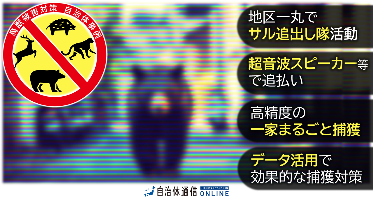 鳥獣被害対策 自治体事例｜地区一丸で「サル追出し隊」活動、超音波スピーカー等で追払い、高精度の「一家まるごと捕獲」、データ活用で効果的な捕獲対策