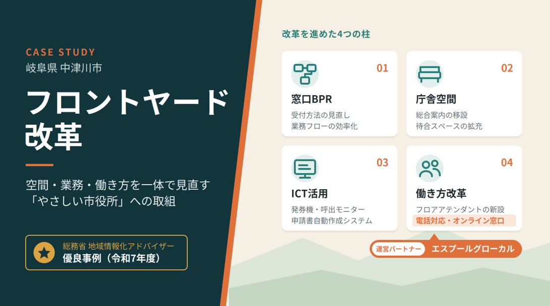 【中津川市事例】総務省「地域情報化アドバイザー」優良事例に選定されたフロントヤード改革 オンライン窓口とコールセンターで、職員が対面対応に集中できる窓口へ
