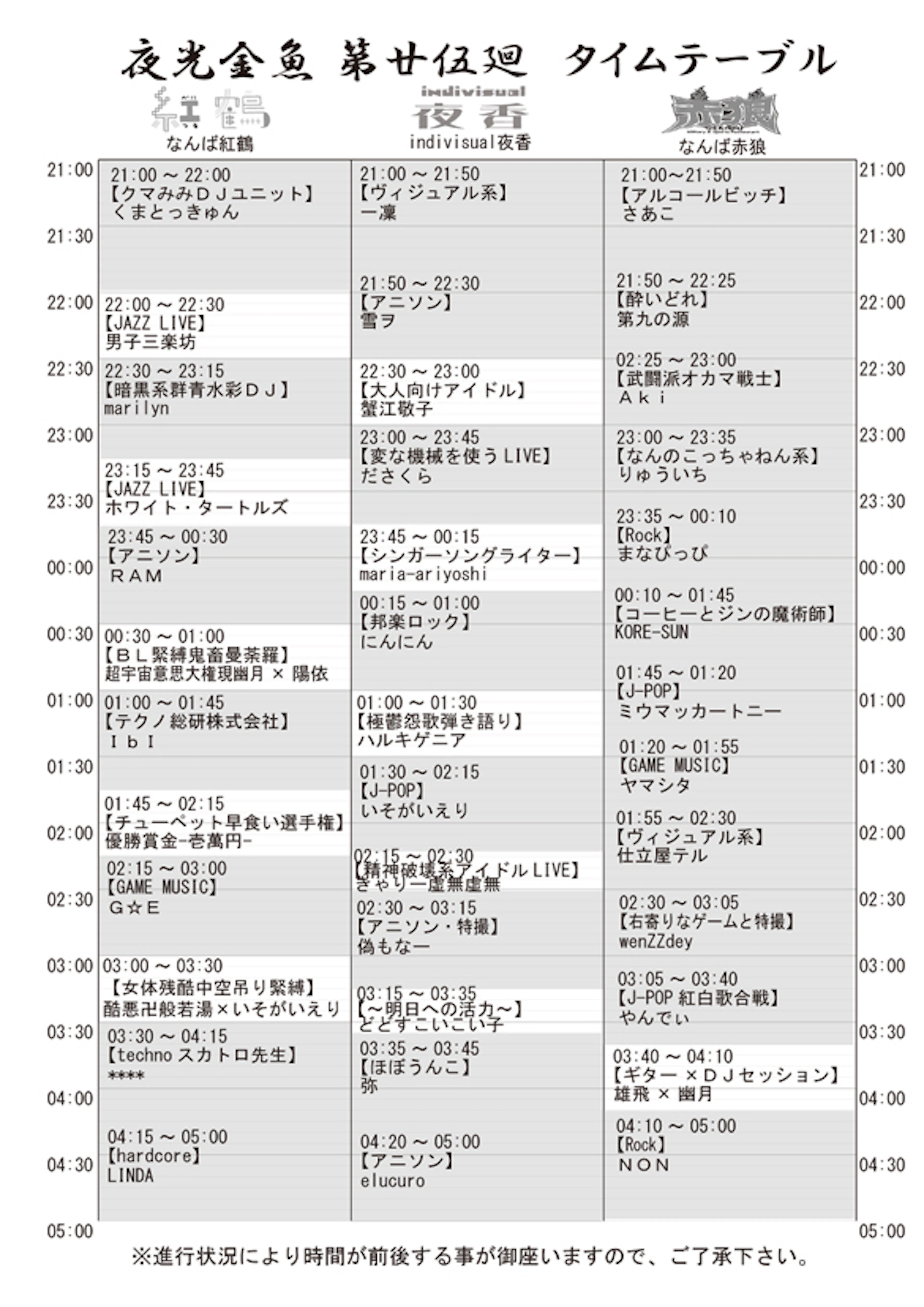夜光金魚廿伍廻タイムテーブル