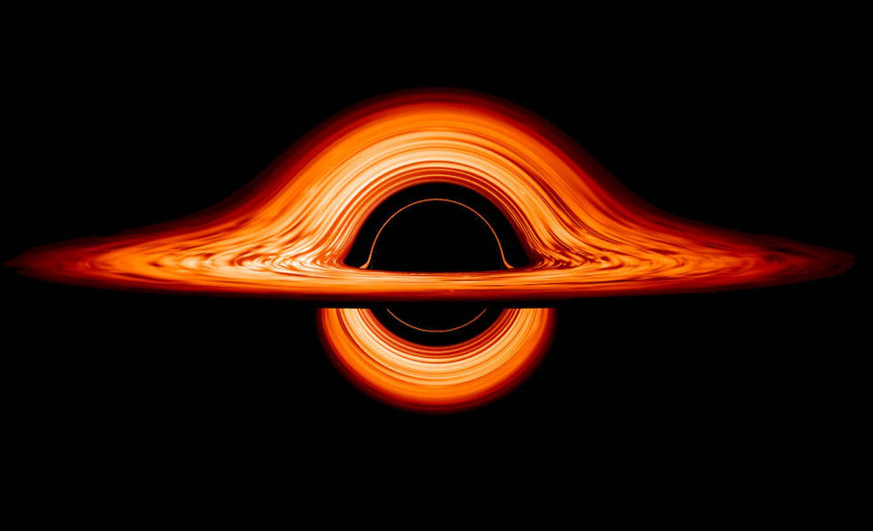 ブラックホールのCG画像。オレンジ色に発行するガスがうねり、その中心に漆黒の穴がある。