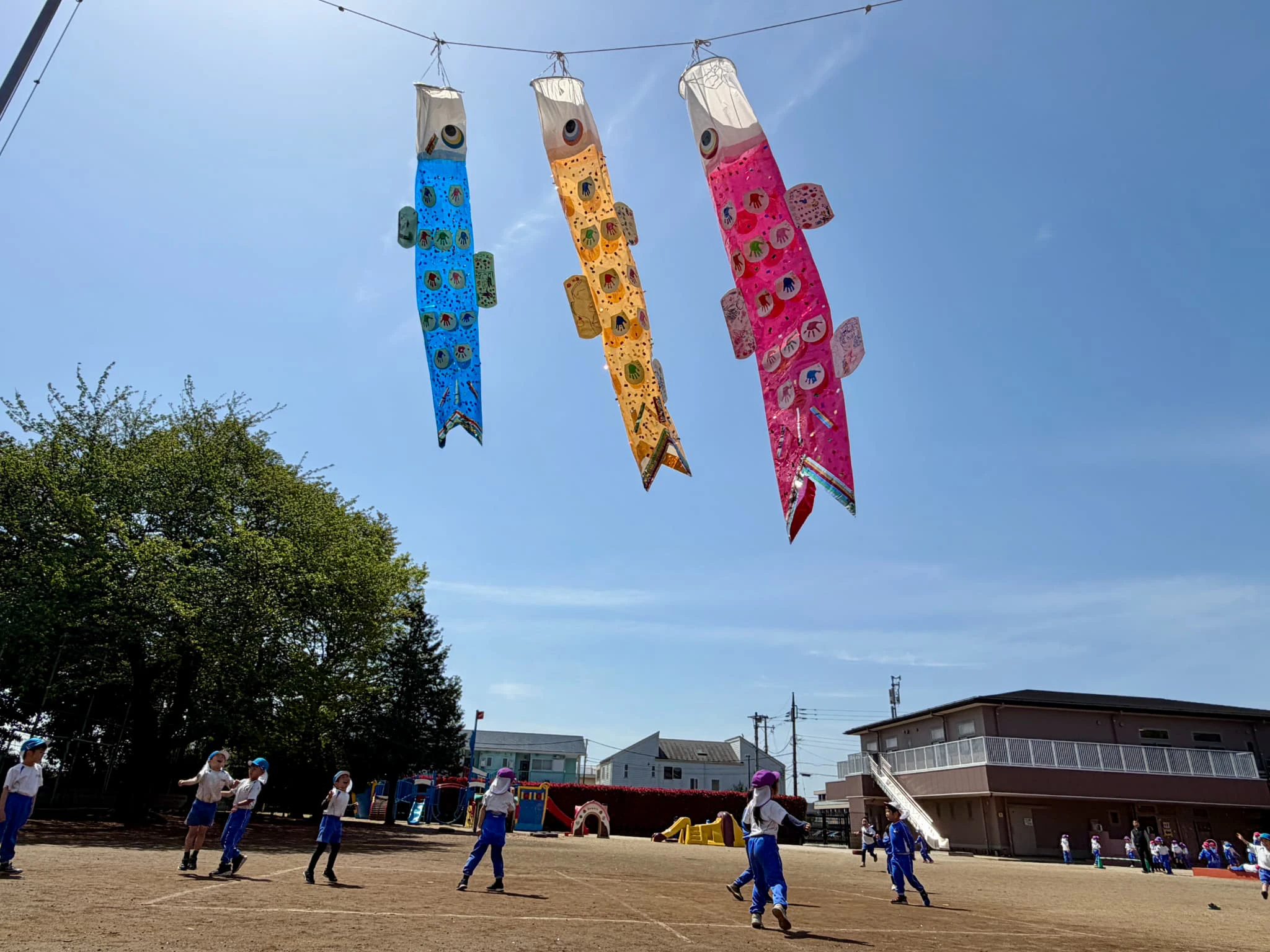 空高く泳いでいるみもみ幼稚園のこいのぼり