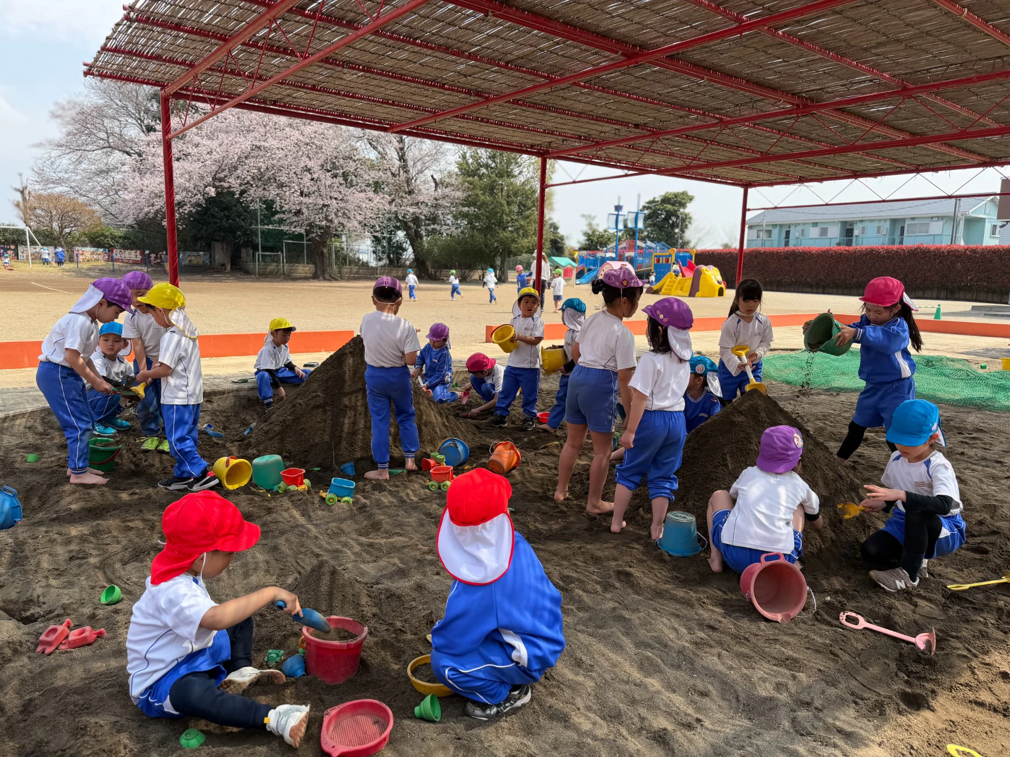 園庭の大きな砂場で裸足になり遊ぶ子どもたち
