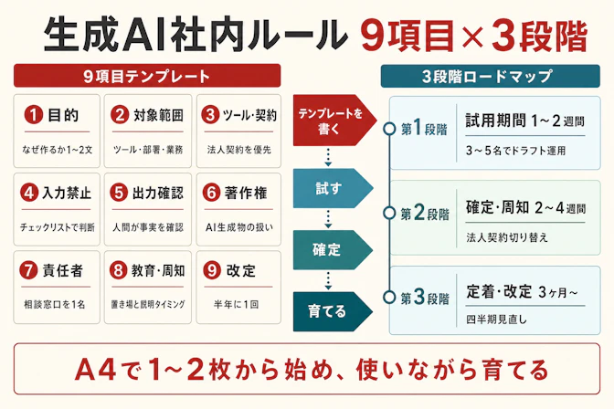 生成AI社内ルール全体図 — 9項目テンプレートと3段階ロードマップの構造、各段階の判断ポイント