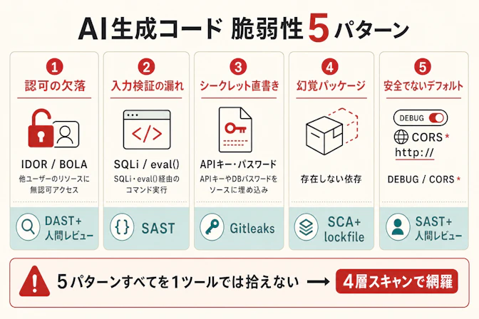 AI生成コードに特有の脆弱性5パターン — 認可欠落・入力検証漏れ・シークレット直書き・幻覚パッケージ・安全でないデフォルトの分類と検出手段
