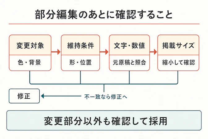 左から変更対象、維持条件、文字・数値、掲載サイズの4段階を矢印でつなぐ。各段階に色や背景、形や位置、元原稿、縮小表示という確認先を添え、不一致なら修正へ戻す分岐を置く。最下部は変更部分以外も確認して採用を決めるという結論。