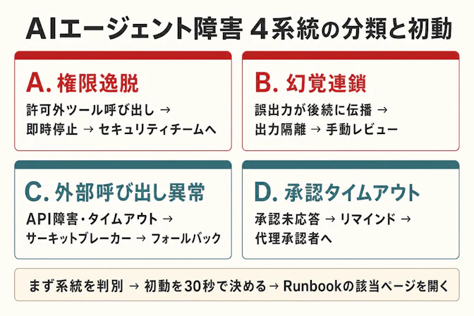 AIエージェント障害4系統の分類と対応フロー — 権限逸脱・幻覚連鎖・外部呼び出し異常・承認タイムアウトの判断基準と初動を1枚にまとめた保存資料