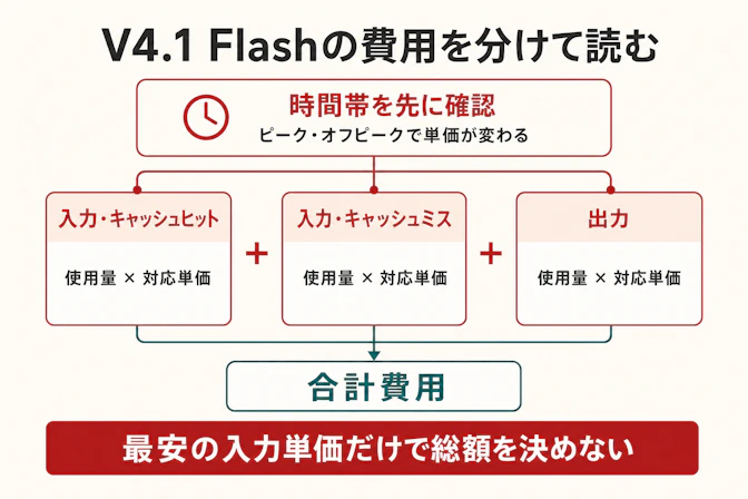 V4.1 Flashの費用を組み立てる流れ。入力がキャッシュヒットとキャッシュミスに分かれ、それぞれの使用量に対応単価を掛け、出力の使用量と単価の積を加算する。最初にピークかオフピークかを確認し、最低の入力単価だけで総額を判断しない。