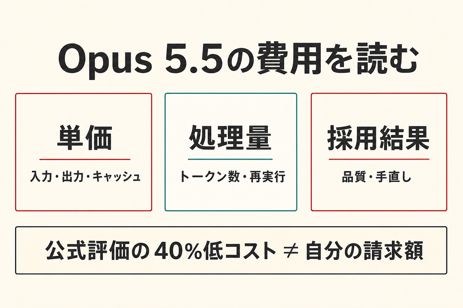 Opus 5.5の費用を読む3つの横並びカード。単価は入力・出力・キャッシュ、処理量はトークン数・再実行、採用結果は品質・手直しを確認する。下部には、公式評価の40%低コストと自分の請求額を分けて比較する結論を置く。