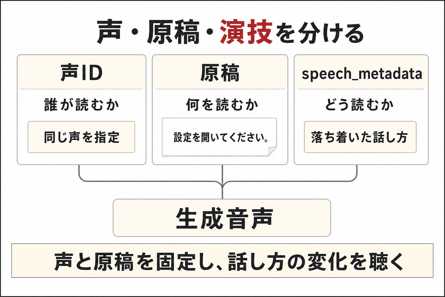 Gemini 3.8 TTSへの指定を、声ID、原稿、speech_metadataの3カードで整理。誰が読むか、何を読むか、どう読むかをそれぞれ指定し、3本の線が生成音声へ合流する。最下部は声と原稿を固定した試聴を勧める。