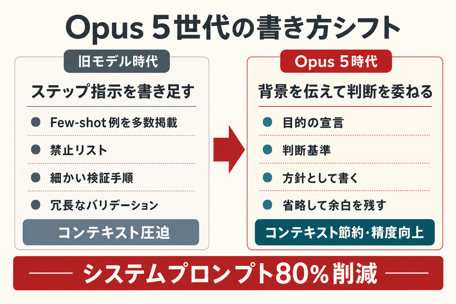 Opus 5世代の変化 — 旧モデルの「書き足す」指示と新モデルの「削って背景を伝える」指示の比較
