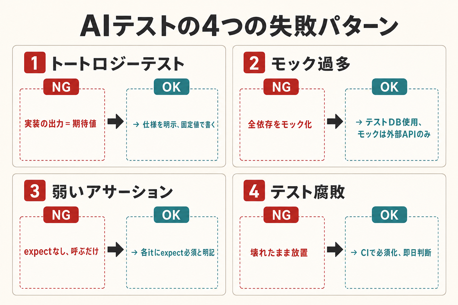 AIテストの4つの失敗パターン — トートロジー・モック過多・弱いアサーション・テスト腐敗