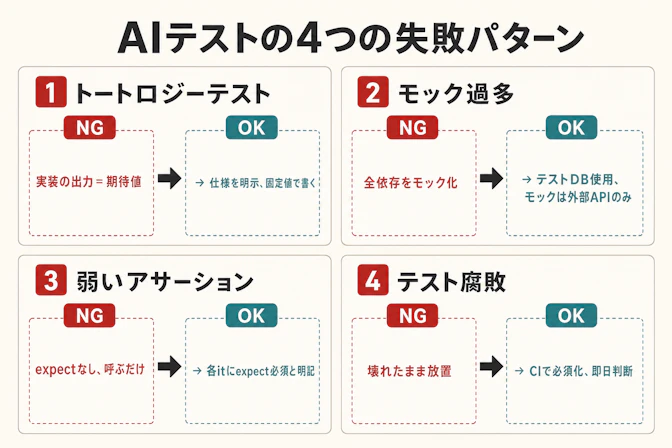 AIテストの4つの失敗パターン — トートロジー・モック過多・弱いアサーション・テスト腐敗