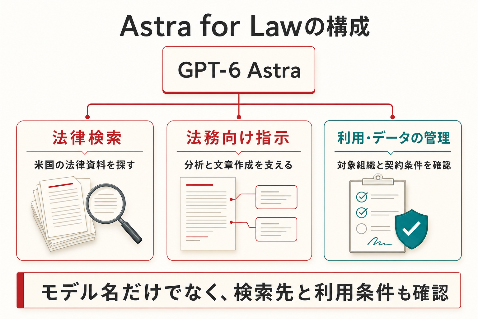 Astra for Lawの構成を、GPT-6 Astraを中心に法律検索、法務向け指示、利用とデータの管理条件の3要素で整理。検索は米国の法律資料、指示は分析と文章作成、管理は対象組織と契約条件の確認につながる。