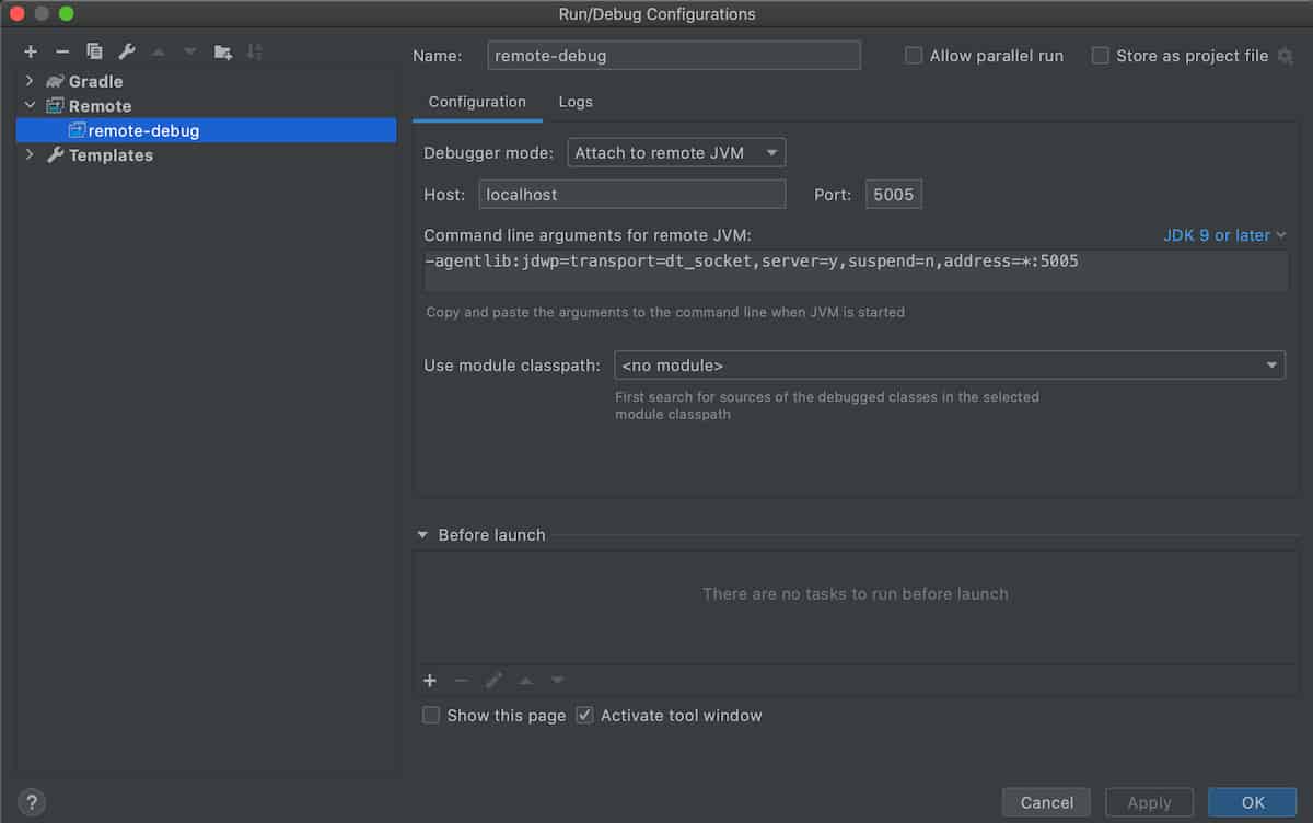 左上の + ボタンから Remote を選択します。
そのまま「OK」をクリックします。
※ Command line arguments for remote JVM のコマンドをコピーしてください。build.gradle に追記します。