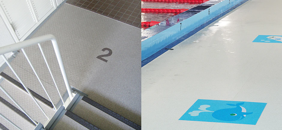 階段踊り場・案内表示 プールサイド・クジラのイラスト